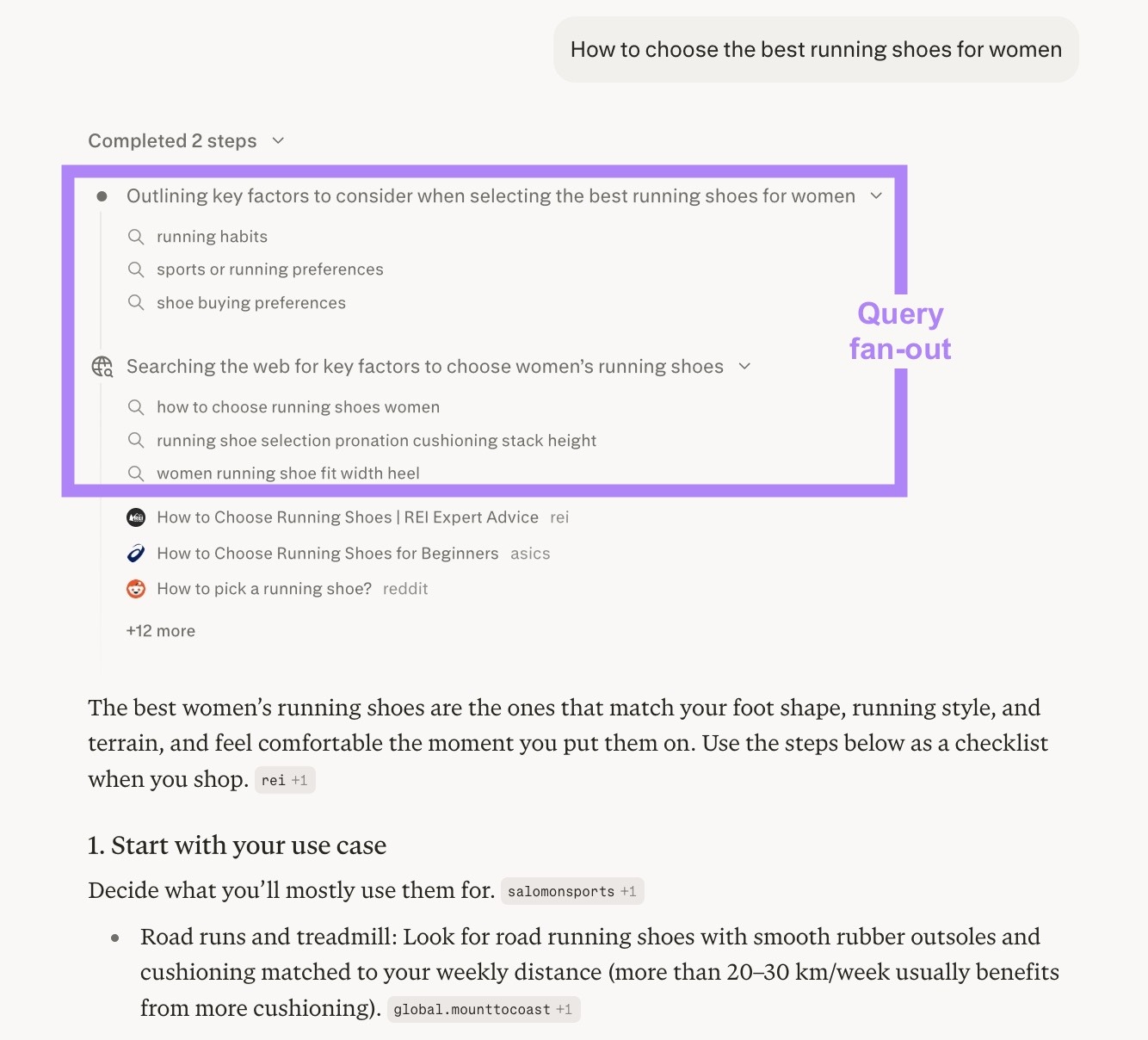 A response to a prompt on Perplexity with the steps taken to generate the answer highlighted.